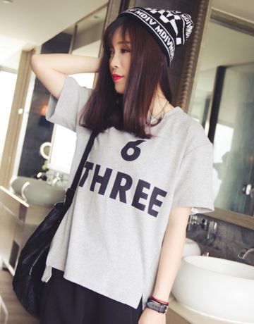 热销新款 2015夏装新款韩版字母印花前短后长短袖T恤