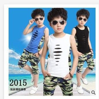 童套装 童套装2015夏季新款 韩版纯棉中大童背心迷彩儿童运动两件套代发