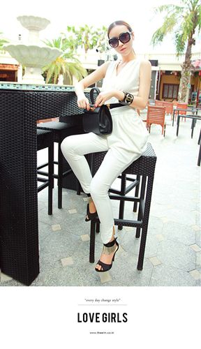 韩版下装 韩国站2015夏季新款V领性感修身显瘦菁菁明星同款纯色连体裤5557
