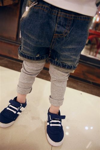 2015春季新款 2014韩版新款 中小童儿童 假两件套纯棉牛仔短裤打底裤一件代发