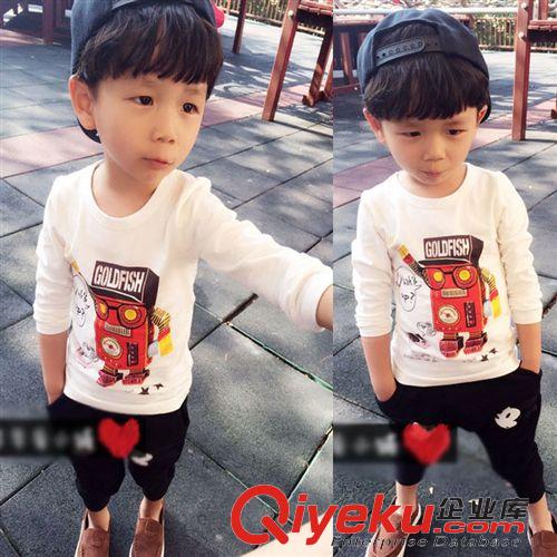 2015春季新款 2015外贸春装新款韩国童装 儿童小童卡通机器人长袖T恤 男童T恤
