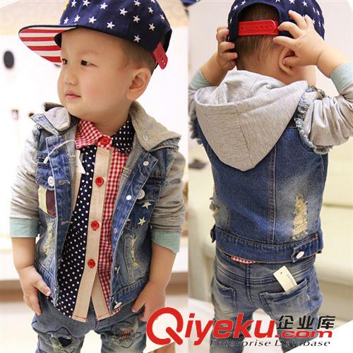 中小童 2014春装新款 韩版宝宝儿童小童男童装休闲带帽牛仔外套一件代发