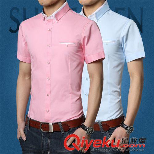 新品上架 2015夏季新款男士短袖衬衫商务休闲装韩版修身纯色潮男衬衣免烫