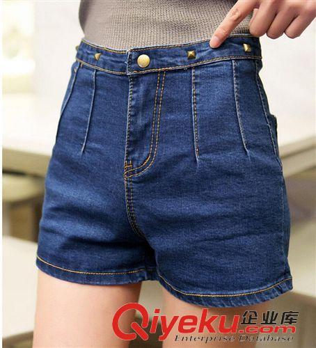 爆款区 2015夏装新款 韩版高腰弹力显瘦牛仔短裤 蓝色铆钉短裤 女装
