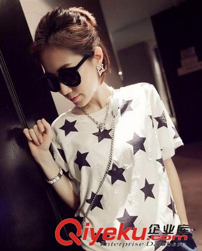 T恤 2015 新款韩版夏装休闲宽松破洞圆领短袖 女五角星做旧上衣T恤女