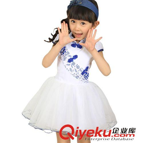 一件代发专区 2015童装新款 韩版女童裙子青花瓷连衣裙女孩表演舞蹈裙批发