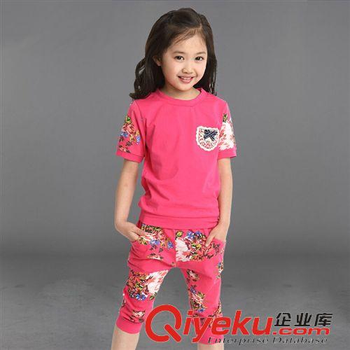 一件代发专区 童装夏款女童套装2015新款韩版中大童花朵纯棉短袖T恤运动套装潮