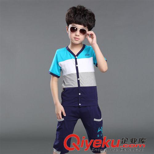 一件代发专区 夏款童装批发 2015新款中大童拼色运动套装 男童短袖两件套韩版潮