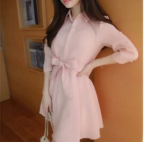 4月新款 2015春季韩版女装粉色雪纺衬衫连衣裙中长款修身收腰衬衣裙子