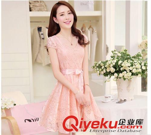 4月新款  2015春装新款韩版女装短袖蕾丝中长款gd品牌连衣裙8052