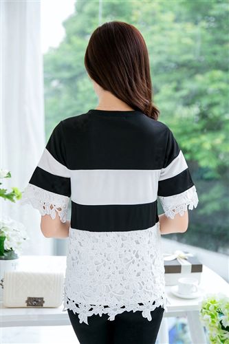 女式T恤 韩版黑白条纹宽松短袖t恤女蕾丝拼接上衣8116