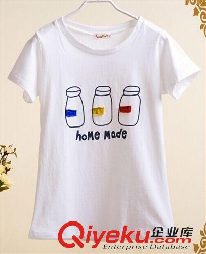 女式T恤 日系森女夏装小清新印花贴布彩色小瓶子纯棉短袖T恤8222