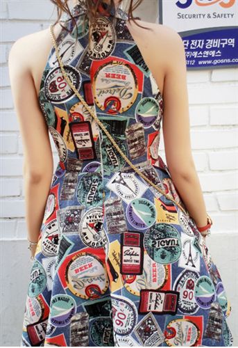 连衣裙*套裙 2015夏季定制款 邮票图片印花修身挂脖显瘦韩版女装无袖连衣裙