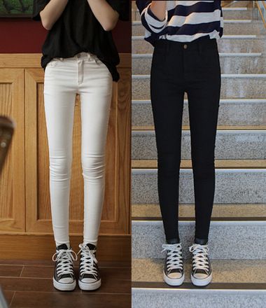 女式下装 2015新款 韩版黑白显瘦打底裤 紧身铅笔裤弹力牛仔裤 女