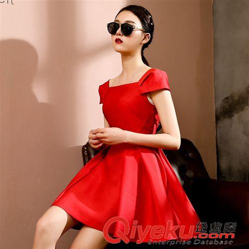5.28 夏季新款高贵气质红色小礼服连衣裙韩版一字领修身显瘦复古连衣裙
