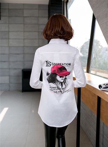 衬衫专区 2015春季新款韩版女装大码白衬衫女长袖中长款印花衬衣
