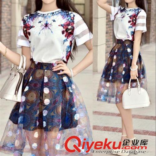 五月六期新款 夏季新款韩版欧根纱两件套装裙蓬蓬裙刺绣印花修身短袖雪纺连衣裙