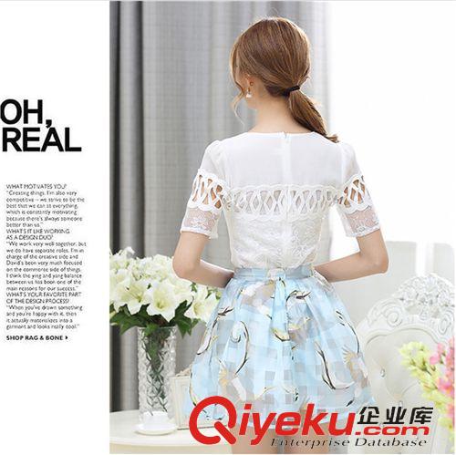 五月六期新款 韩国代购2015夏季新款女装两件套高腰圆领套装蓬蓬a字裙 好质量