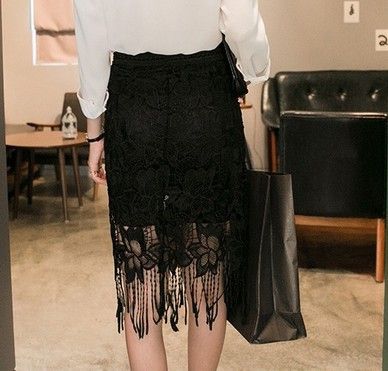 『半身裙专区』 韩国2015春装新款 韩版女蕾丝半身裙镂空勾花流苏包臀裙 厂家直销