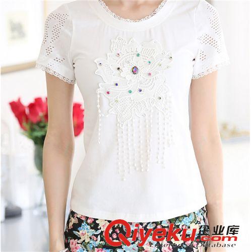 ◆ 雪纺衫/蕾丝衫 ◆ 2015夏装新款 韩版修身钉珠镶钻蕾丝花边圆领衫爆款直销