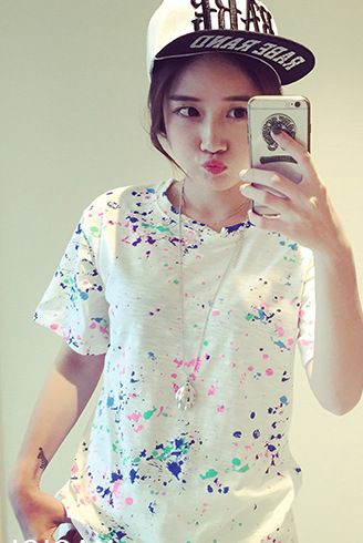 6月5号新款 2015夏季新款原宿风混搭泼油漆女式大码圆领短袖T恤学生闺蜜