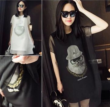 5月30号新款 2015韩版时尚修身显瘦猫头鹰雪纺拼接女装短袖连衣裙