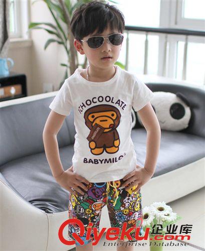 童套装 2015男童夏季韩版套装 猿人头纯棉儿童套装 短袖T恤沙滩中裤套装