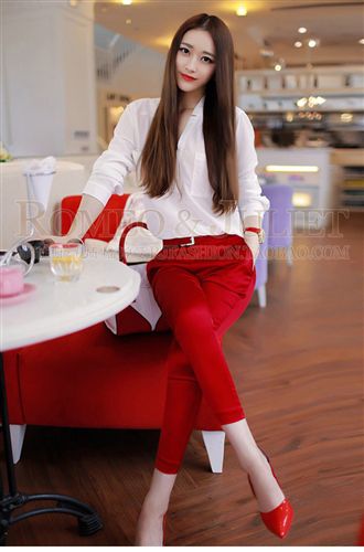 明星同款区 欧洲站2015欧美春夏女装新款菁菁同款白衬衫+红色小脚裤 套装潮品