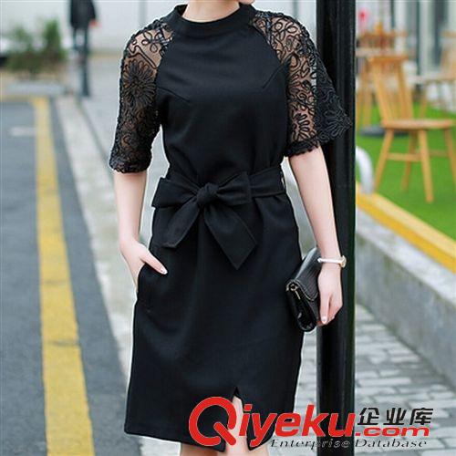 夏季新款第五期 2015夏季新款韩国女装 气质蕾丝短袖拼接韩版系带收腰雪纺连衣裙