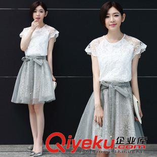 两件套 韩国东大门2015夏季女装大码两件套连衣裙中裙蕾丝短袖套裙套装女