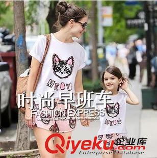亲子装专区 韩国2015夏季新款明星同款猫咪潮T恤 韩版上衣短裤亲子装母女装