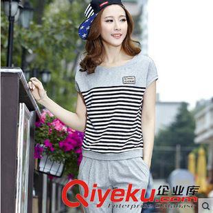 运动套装 厂家直销 免费代理 2015夏季新款韩版条纹短袖休闲套装女七分裤
