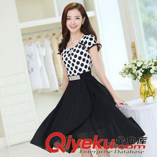 6月上新 2015夏季新款韩版修身波点短袖波西米亚中长款雪纺连衣裙（广州）原始图片2