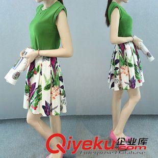 6月上新 韩国代购2015夏季新款女装小香风无袖上衣印花短裙套装