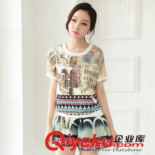 6月上新 2015夏季新款韩版宽松小香风时尚套装女复古城堡印花短裤套装