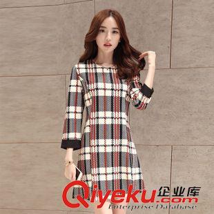 9月9上新 2015秋季新款韩版女装 圆领拼接修身格子九分袖连衣裙