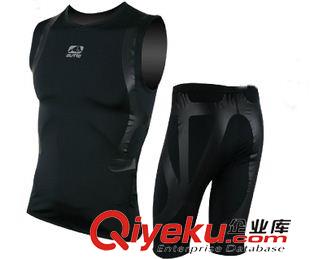 新品展示 夏季男黑色跑步弹力能量条紧身运动衣无袖背心健身服套装