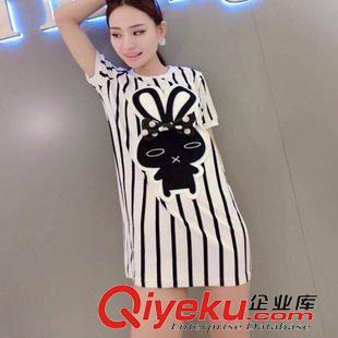 连衣裙 2015韩版竖条纹胸前卡通图案装饰修身连衣裙