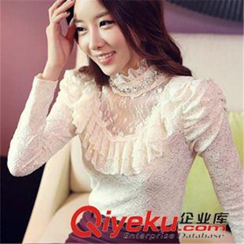 长袖T恤 721# 韩版新款韩版立领蕾丝打底衫钉珠长袖 修身荷叶边蕾丝上衣