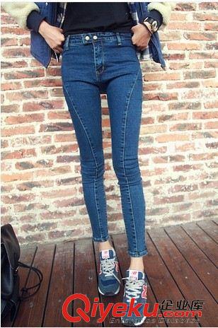 女士牛仔长裤 2014年春季新款  线条设计感 双粒扣 高腰 牛仔铅笔裤  8099