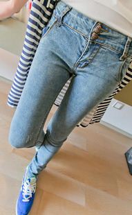 女士牛仔长裤 （实拍）新款 简约中高腰纽扣设计修身牛仔铅笔裤小脚裤 1816#