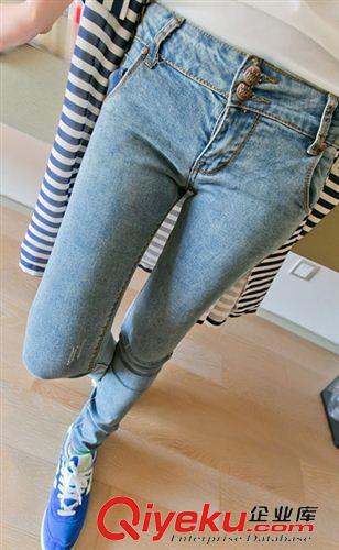 女士牛仔长裤 （实拍）新款 简约中高腰纽扣设计修身牛仔铅笔裤小脚裤 1816#
