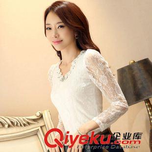 A 秋装新款韩版女装V领修身蕾丝衫短袖上衣小衫蕾丝衫打底衫潮