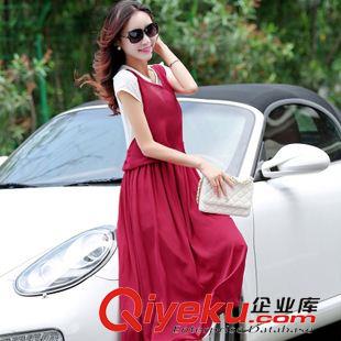 六月新款 实拍2015夏季新款韩版修身假两件连衣裙气质显瘦波西米亚长连衣裙