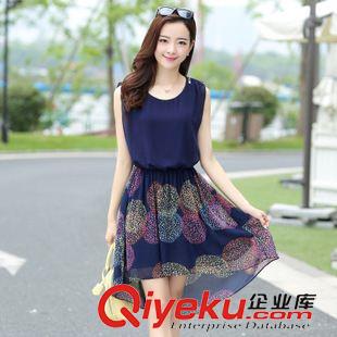 六月新款 2015新款韩版气质显瘦印花燕尾裙大码拼接假两件长裙 雪纺连衣裙