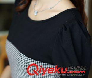未分类 2014秋装新款韩版长袖连衣裙 黑白千鸟格拼接收腰显瘦打底连衣裙