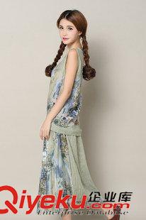 20156月第二批新款上架 2015新款文艺气质波西米亚印花亚麻棉麻两件套装连衣裙长款套裙