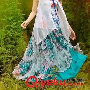 20156月第二批新款上架 2015夏季民族风舒适柔软时尚典雅真丝印花一字盘扣不规则半身裙