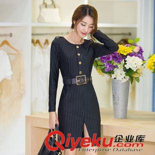 9月2期新品 2015新款秋装韩版长袖竖条纹连衣裙 修身显瘦职业气质开叉包臀裙
