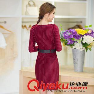 9月2期新品 2015新款秋装韩版长袖竖条纹连衣裙 修身显瘦职业气质开叉包臀裙